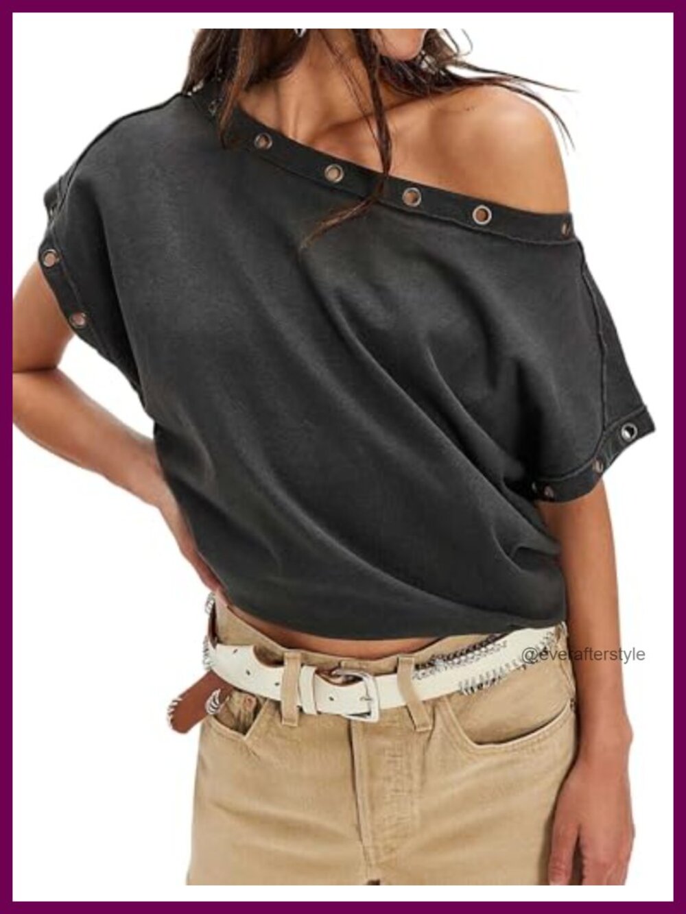Womens Off Shoulder Grommet Eyelet Top Washed Cotton Slouchy Tee